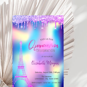 Convites Gotas Violetas Torre Eiffel Quinceanera Holográfic