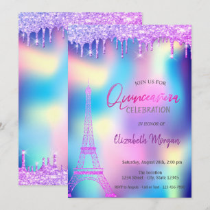 Convites Gotas Violetas Torre Eiffel Quinceanera Holográfic