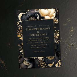 Convites Gothic Black & Gold Peony Wedding Invitation