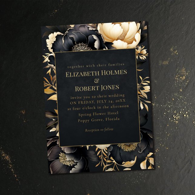 Convites Gothic Black & Gold Peony Wedding Invitation (Gothic Black & Gold Peony Wedding Invitation on a dark vintage wedding table.)