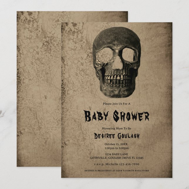 Convites Gothic Black Skull Antique Baby Shower Invitation (Frente/Verso)