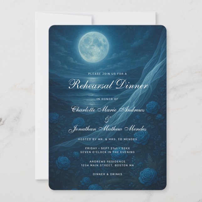 Convites Gothic Blue Beach Moon Skeleton Rehearsal Dinner (Frente)