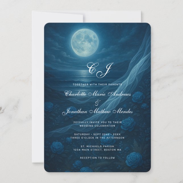 Convites Gothic Blue Skeleton Couple Beach Moon Wedding (Frente)