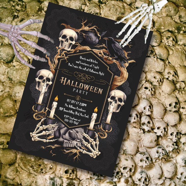 Convites Gothic Elegance Skulls Raven Halloween Party (Gothic Halloween Party Invitation)