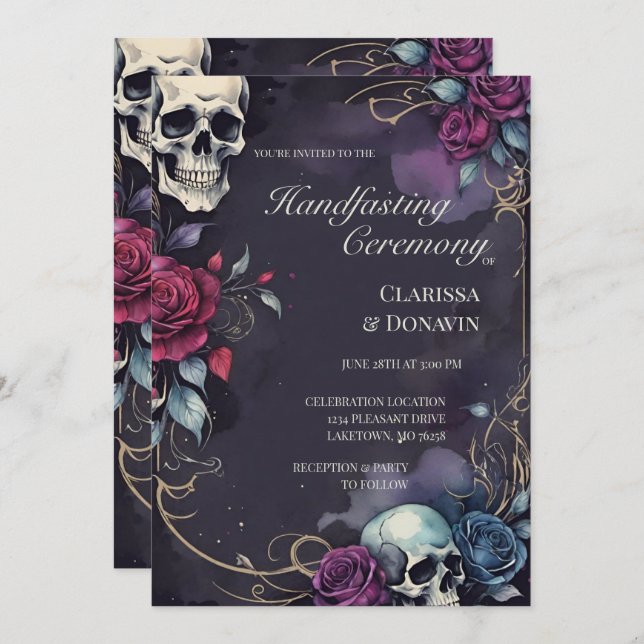 Convites Gothic Elegant Skull & Rose Handfasting (Frente/Verso)