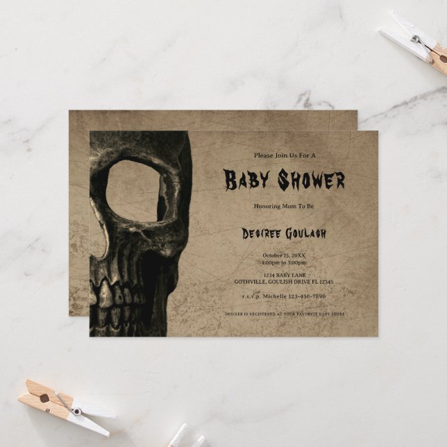 Convites Gothic Half Skull Black Baby Shower Invitation (Frente/Verso In Situ)