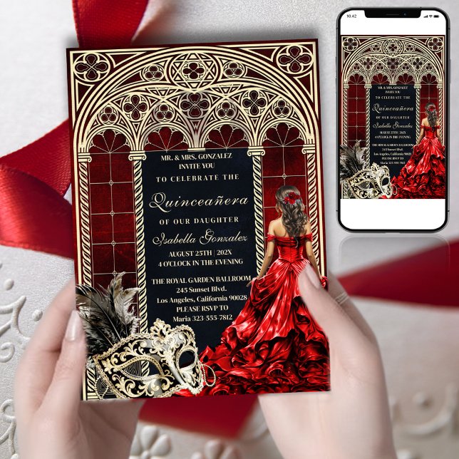 Convites Gothic Masquerade Quinceañera Red Gold (Criador carregado)