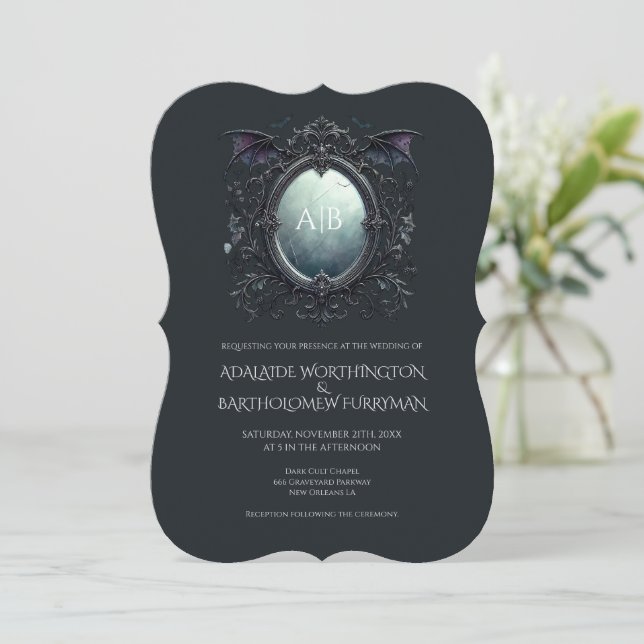 Convites Gothic Mirror Monogram Wedding Invitation (Em pé/Frente)