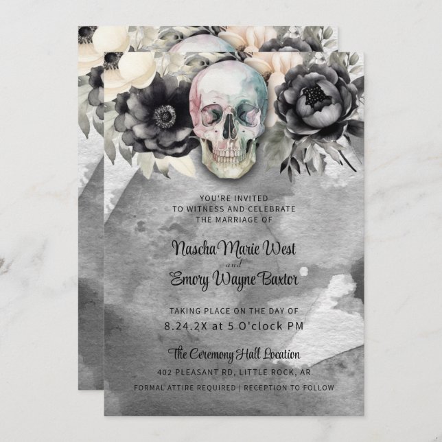 Convites Gothic Peony & Skull Black Floral Wedding (Frente/Verso)