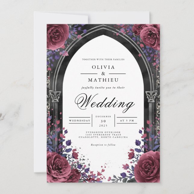 Convites Gothic Plum Arch Floral Wedding (Frente)