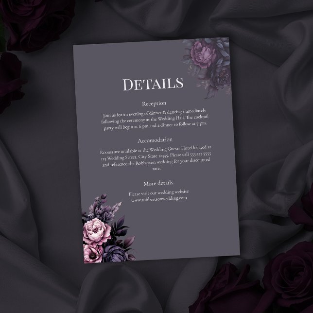 Convites Gothic Plum Floral Wedding Details Card (Gothic Plum Floral Wedding Invitation on a gothic wedding table with dark roses)