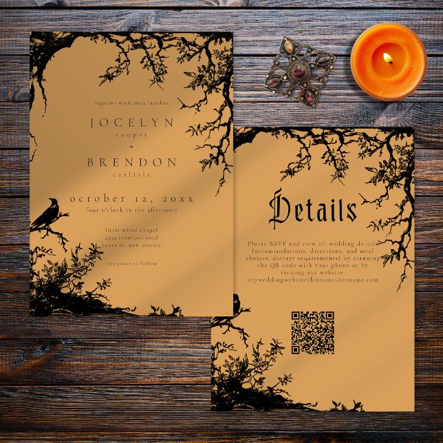 Convites Gothic Raven Tree Engraving Black Orange Wedding (Criador carregado)