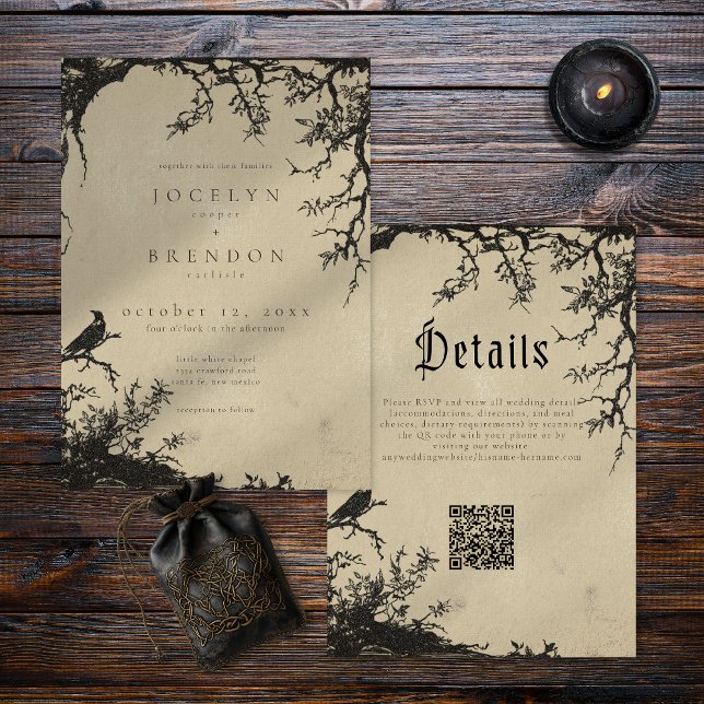 Convites Gothic Raven Tree Engraving Black Tan Wedding (Criador carregado)