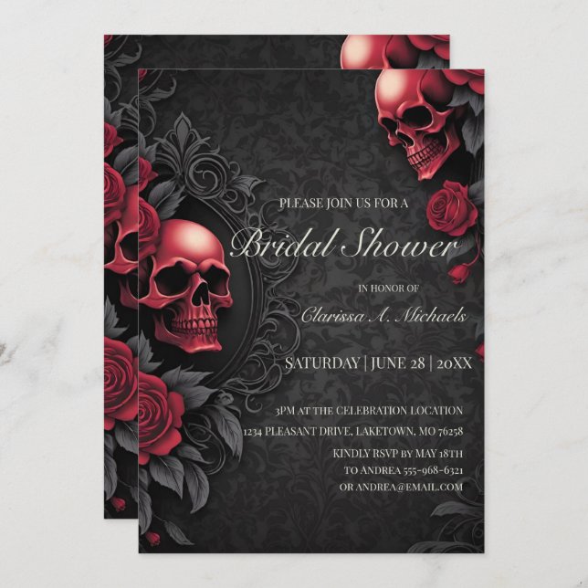 Convites Gothic Red & Black Skull & Rose Bridal Shower (Frente/Verso)
