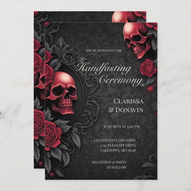 Convites Gothic Red & Black Skull & Rose Damask Handfasting (Frente/Verso)