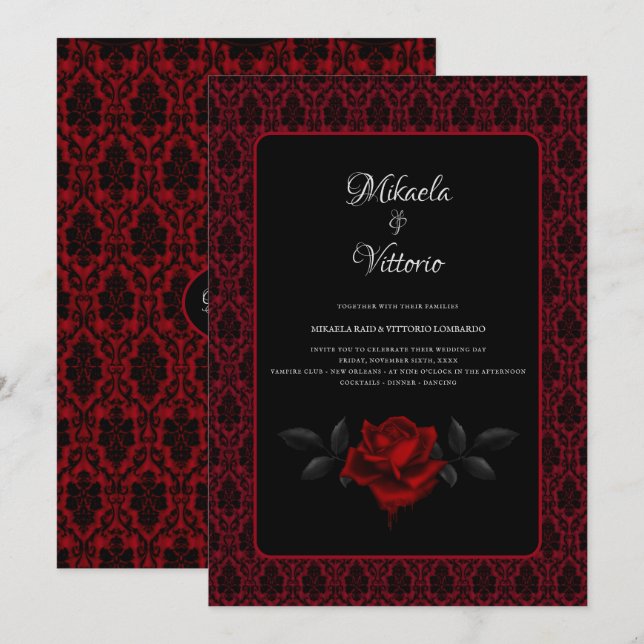 Convites Gothic Red Damask Rose Wedding (Frente/Verso)