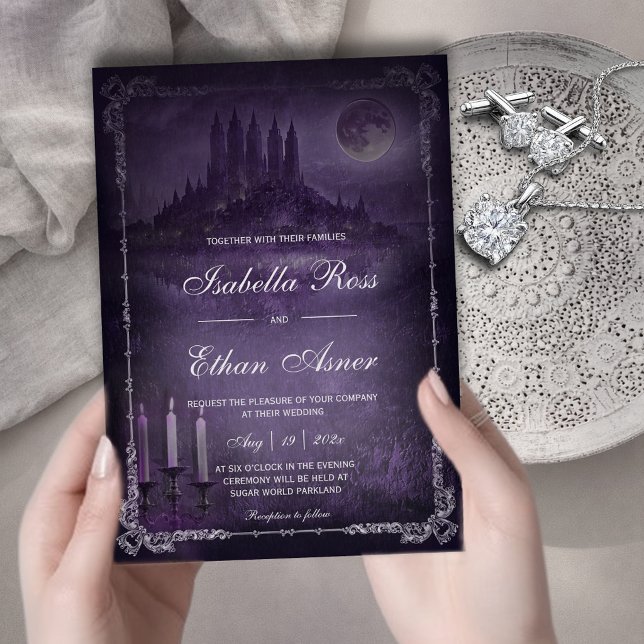 Convites Gothic Romance Wedding Purple Silver Velvet  (Criador carregado)
