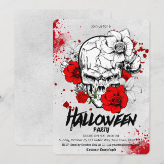 Convites Gothic Sketch Skull Red Rose Halloween Party