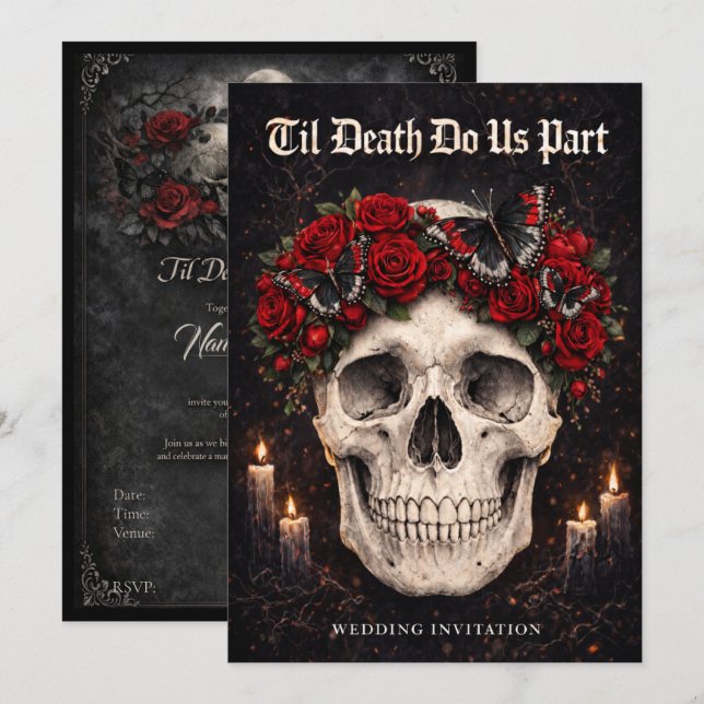 Convites Gothic Skull and Roses Wedding Invitation (Frente/Verso)