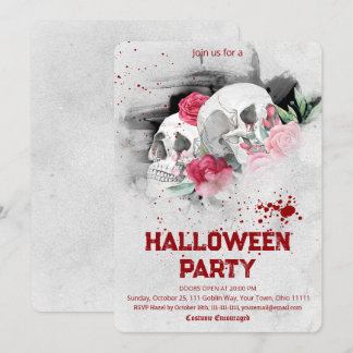 Convites Gothic Watercolor Floral Skull Halloween Party