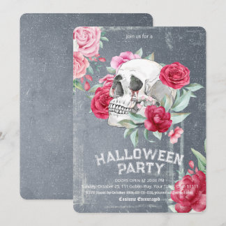 Convites Gothic Watercolor Skull Floral Halloween Party