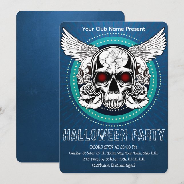 Convites Gothic Winged Skull Red Eyes Halloween Party (Frente/Verso)