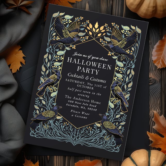 Convites Gótica Encantada Raven Floral Halloween (Criador carregado)