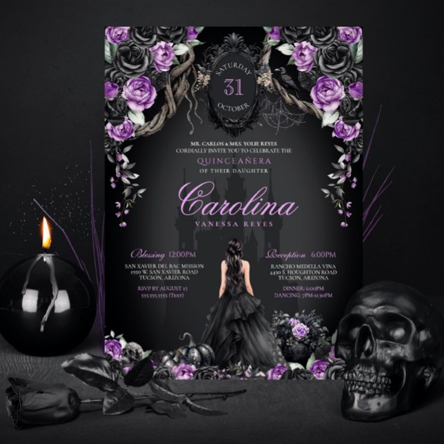 Convites Gótica Halloween Purple Black Princess Quinceanera (Criador carregado)