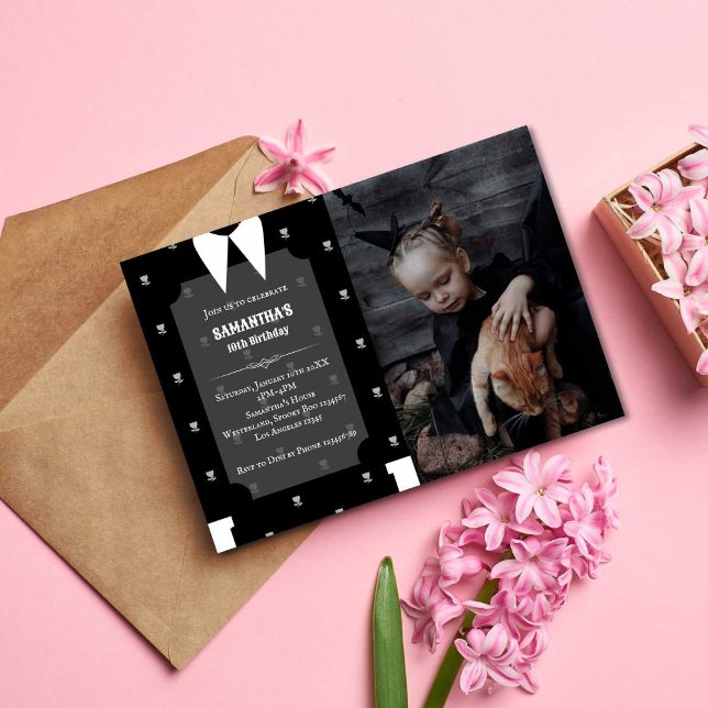 Convites Gótica Menina de vestido preto Foto de aniversário (Criador carregado)