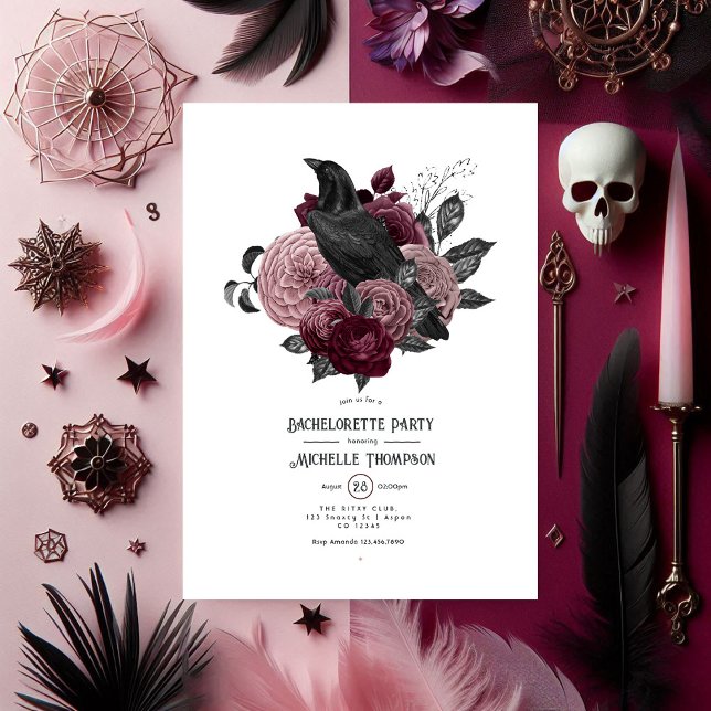 Convites Gótica Raven e Festa de solteira Floral Escura (Gothic Raven and Dark Floral Bachelorette Party Invitation)