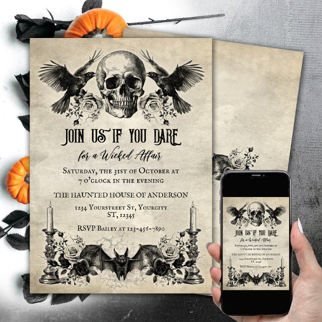 Convites Gótica rosa (Gothic Halloween invitaion, skull, ravens, bat, candles. Wicked affair.)