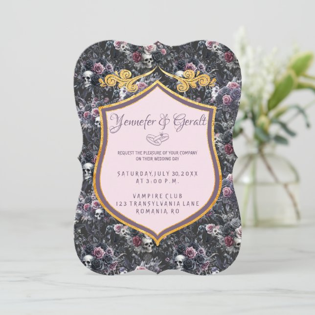 Convites Gótica Rosa Romântica Flor Moody Crânio (Em pé/Frente)