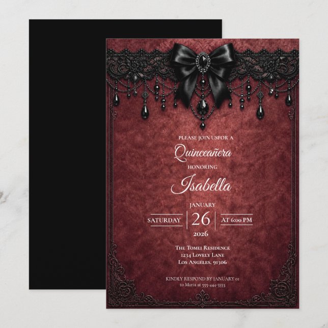 Convites Gótico Arco Vermelho pérolas Quinceañera (Frente/Verso)