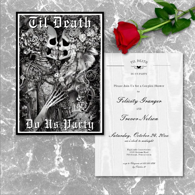 Convites Gótico Até Morte Nos Festejamos Casais De Esquelet (Goth Til Death Do Us Party Skeleton Couples Shower Invitation)