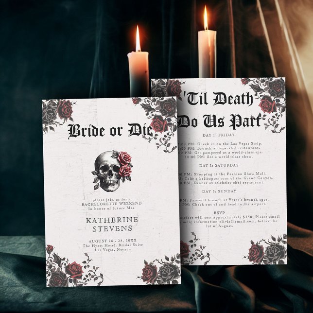 Convites Gótico Bride Die Festa de solteira Caveira Itinerá (bride or die bachelorette party invitation weekend itinerary goth skull floral roses romantic moody )