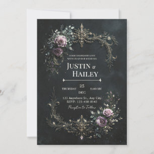 Convites Gótico Casamento com Renda em Dourado Rosa Roxo