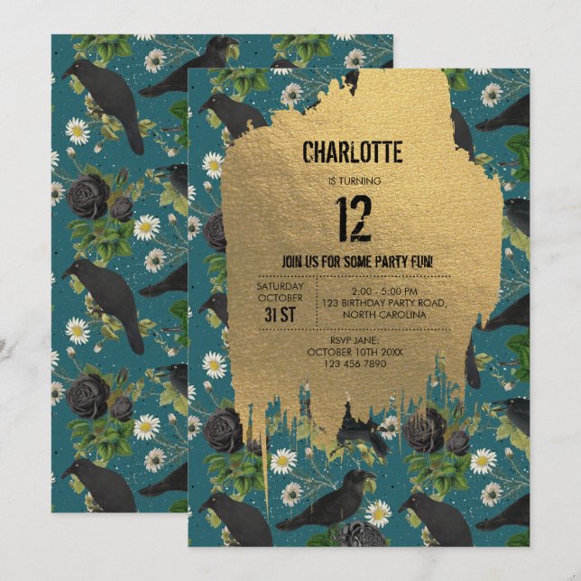 Convites Gótico Corvos e Rosas Negros Dia das Bruxas (Frente/Verso)