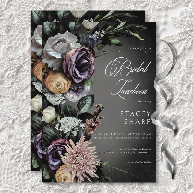 Convites Gótico Escuro Misterioso Blur Floral Muted Luncheo (Dark Gothic Mysterious Muted Floral Blur Luncheon Invitation)