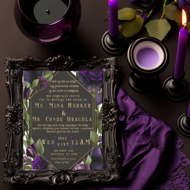 Convites Gótico Floral Elegante Violeta Roxo Casamento (Criador carregado)