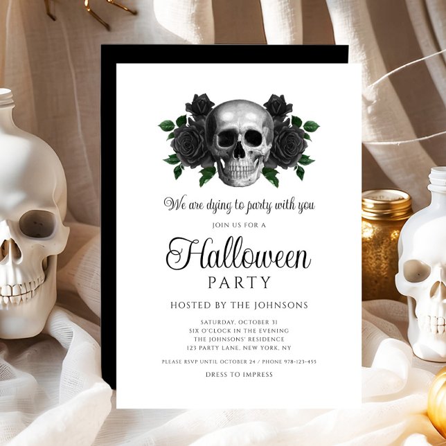 Convites Gótico Floral Preto Halloween Caveira (Gothic Black Floral Skull Halloween Invitation - digital download)