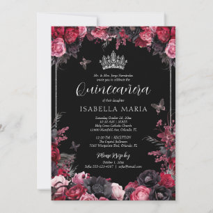 Convites Gótico Flores Vermelhas e Pretas Quinceañera Sombr