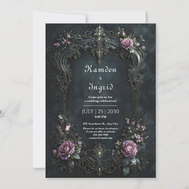 Convites Gótico Ornamentado Rosa Roxa Filigrana Casamento (Frente)