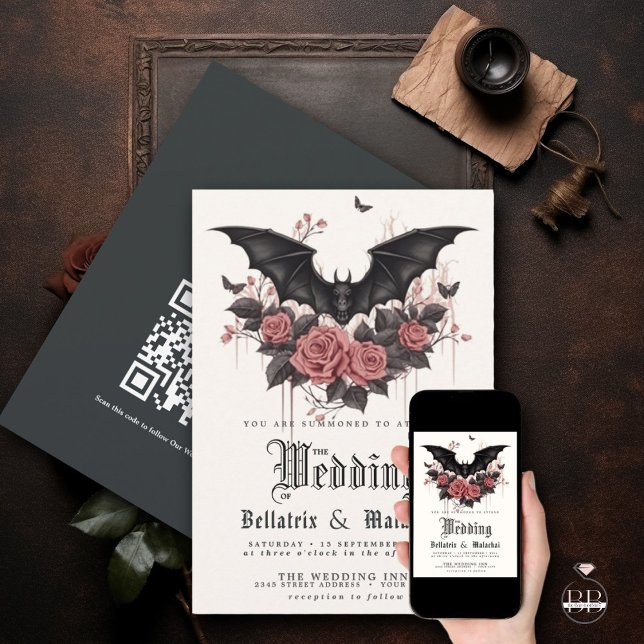 Convites Gótico QR Rosas Rosewood Buquê Black Bat (Criador carregado)