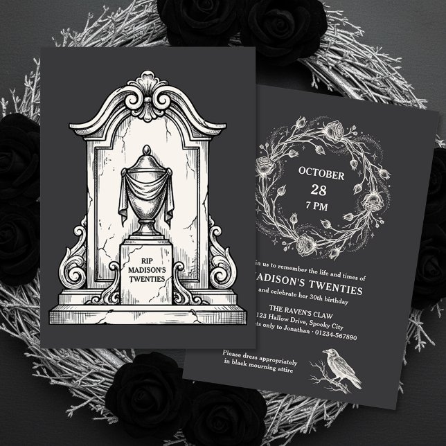 Convites Gótico RIP Meus Vinte Funeral 30º Aniversário (RIP Twenties 30th birthday invitation by Darling & May (printed or digital))