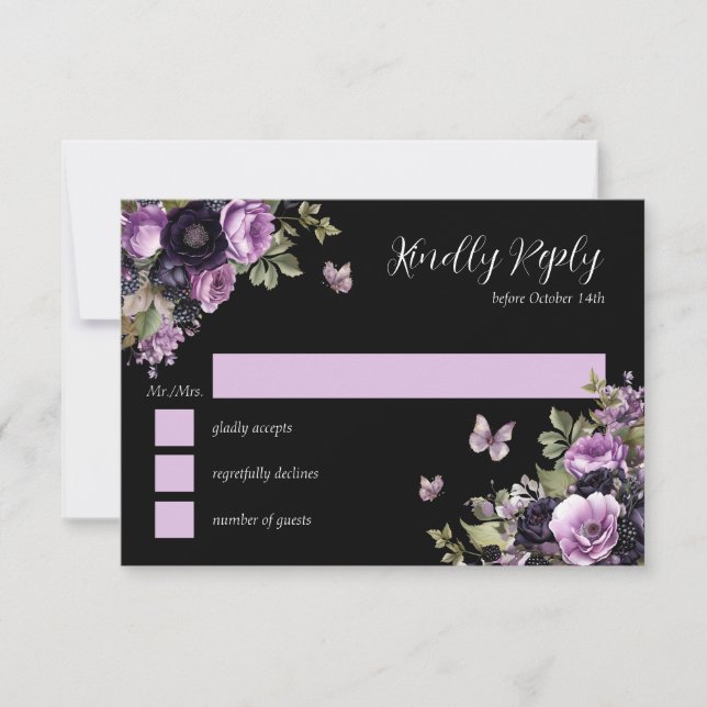 Convites Gótico Roxo e Preto Moody Florals Quinceañera RSVP (Frente)