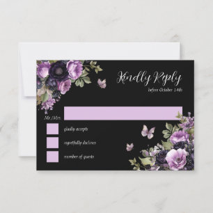 Convites Gótico Roxo e Preto Moody Florals Quinceañera RSVP