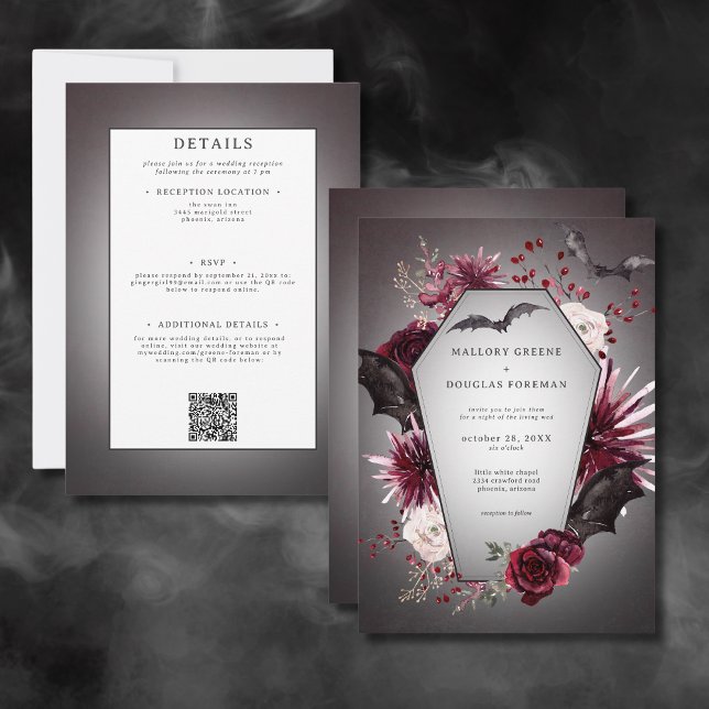 Convites Gótico Rústico Preto Borgonha Halloween Dupla Face (Rustic Gothic Black Burgundy Halloween All In One Invitation)