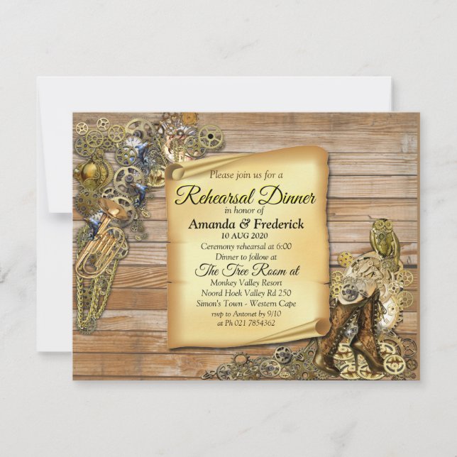 Convites Gótico - Steampunk no janto de ensaio de madeira (Frente)