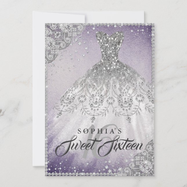 Convites Gown Roxo Diamond Sparkle Doce Dezesseis (Frente)