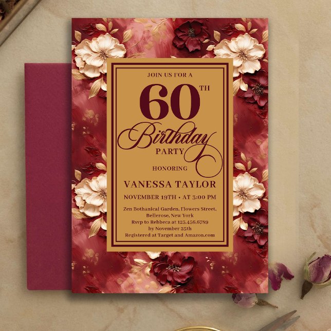 Convites Graceful 60 Birthday Merlot Blush Gold Invitation (Graceful 60th Birthday Merlot Blush Gold Invitation)
